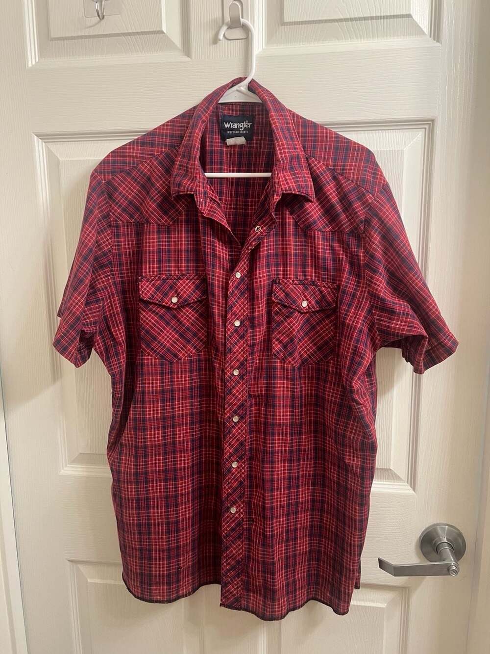 Wrangler Western Shirt Vintage Red Plaid Short Sleeve Farmer Country